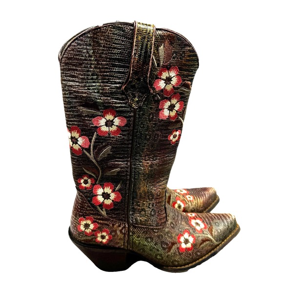 Durango Shoes - Durango‎ 12" Floral Embroidered Western Boots 6 M Brown Leather Cowgirl Landman